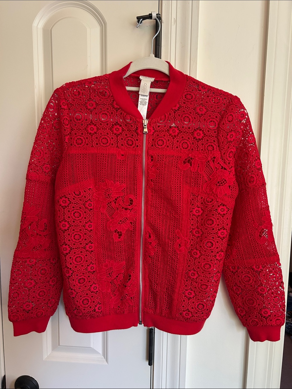 Chico’s Red Lace Bomber Jacket